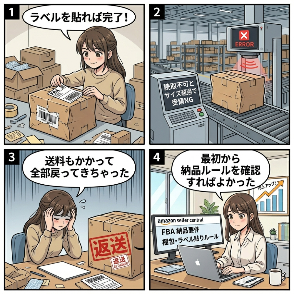 Amazon FBAのラベル不備やサイズ超過によって受領不可となり、返送される流れを描いた4コマ漫画