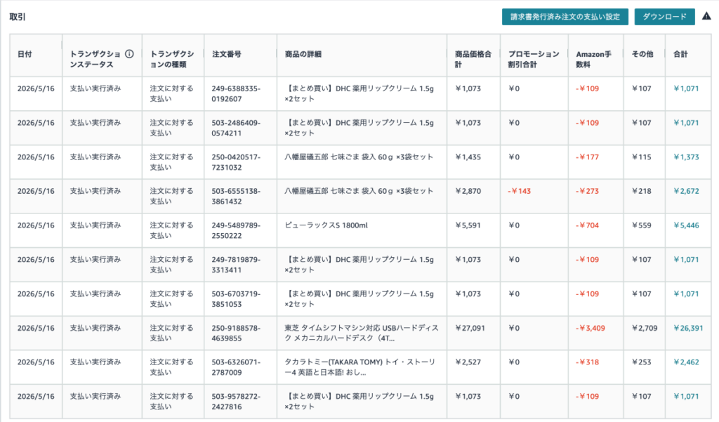 セラーセントラルで注文をクリックすると販売手数料・FBA手数料・カテゴリー成約料の内訳が表示される手数料明細確認画面のスクリーンショット