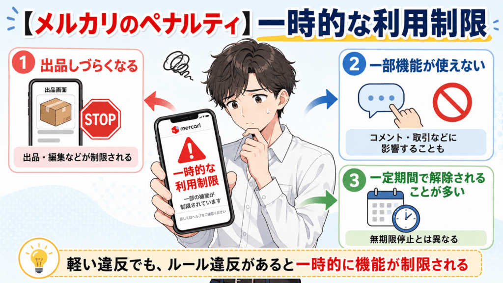 メルカリの一時的な利用制限の内容を解説する図解