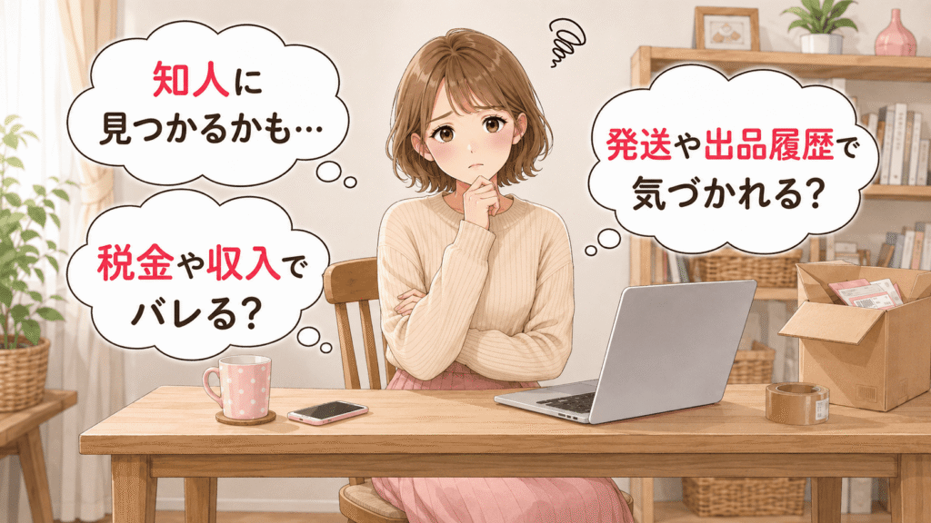 メルカリ転売が知人や出品履歴、税金・収入からバレる不安に悩む女性のイラスト