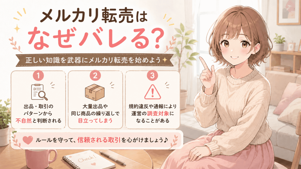 メルカリ転売がバレる3つの理由（不自然な取引・大量出品・規約違反）のまとめイラスト画像。