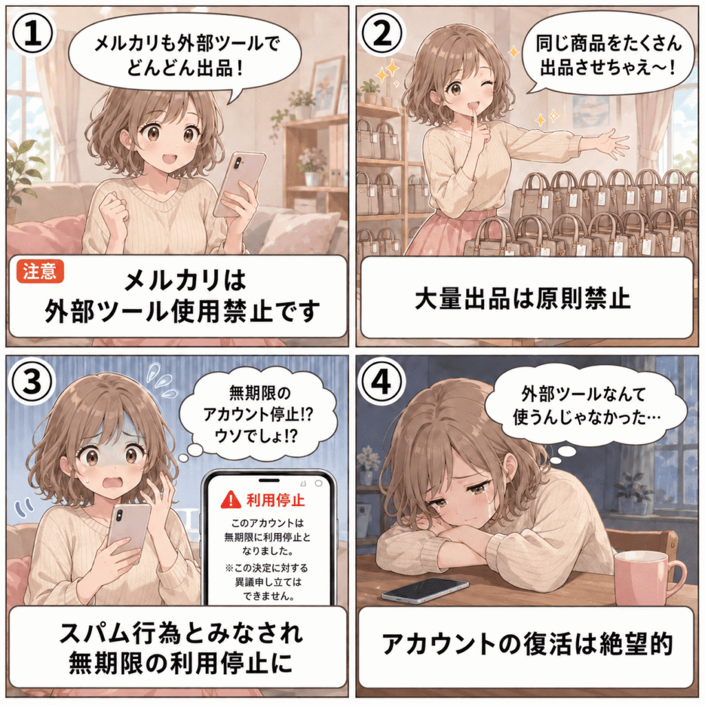 メルカリの規約違反（外部ツール、大量出品）でアカウントが無期限停止となり、泣いて後悔する女性を描いた4コマ漫画。