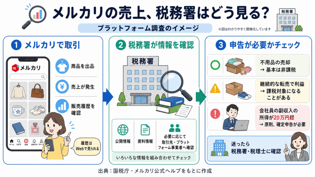 メルカリの売上が税務署に把握され、申告が必要かチェックされる仕組み（不用品売却、継続的転売、副収入20万円超）の解説図。