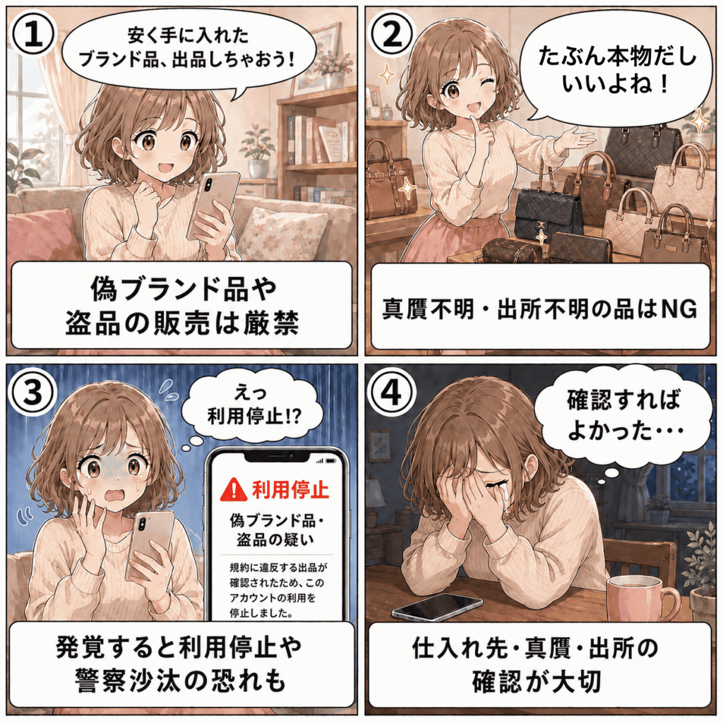 真贋不明のブランド品出品でバレるリスクと後悔を描いた4コマ漫画。事前の確認が大切。