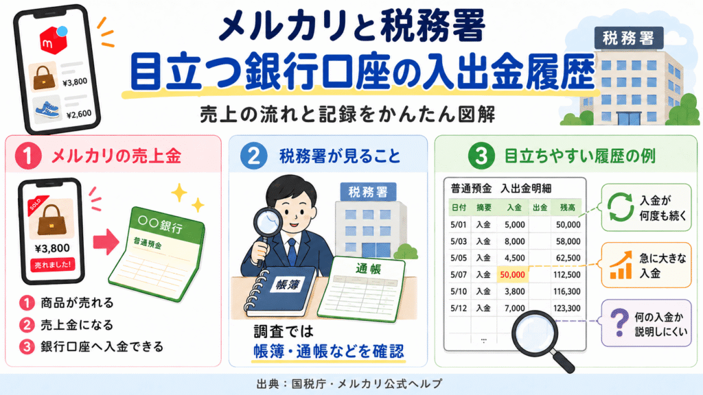 メルカリの売上と税務署の調査の関係、銀行口座の目立つ入出金履歴の例を解説する図解画像。