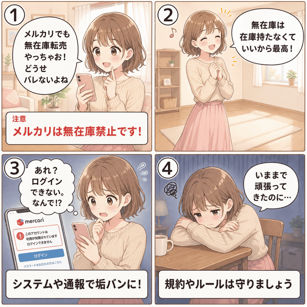 メルカリの無在庫転売禁止と規約違反によるアカウント停止のリスクを説明する4コマ漫画イラスト