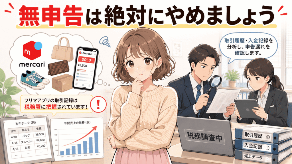 フリマアプリの取引は税務署に把握されるため、無申告防止を訴える税務調査の様子を描いたイラスト画像。