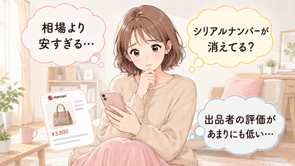 メルカリでブランド品転売を考える際、安すぎる価格や低い評価から偽物リスクを疑う女性のイラスト。