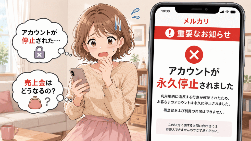 メルカリ転売でアカウント停止のリスクと売上金の没収に焦る女性のイメージ画像