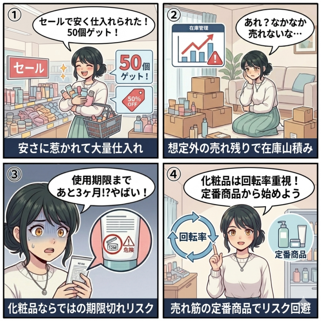 化粧品をセールで50個大量仕入れした女性が、想定外の売れ残りで在庫を抱え使用期限切れのリスクに直面し、回転率重視で売れ筋の定番商品から始めるべきだと学ぶ4コマ漫画