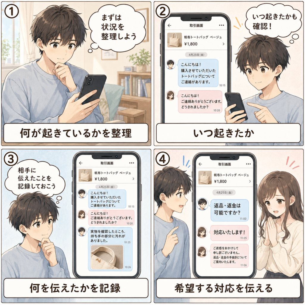メルカリの事務局対応手順を説明する４コママンガ風画像