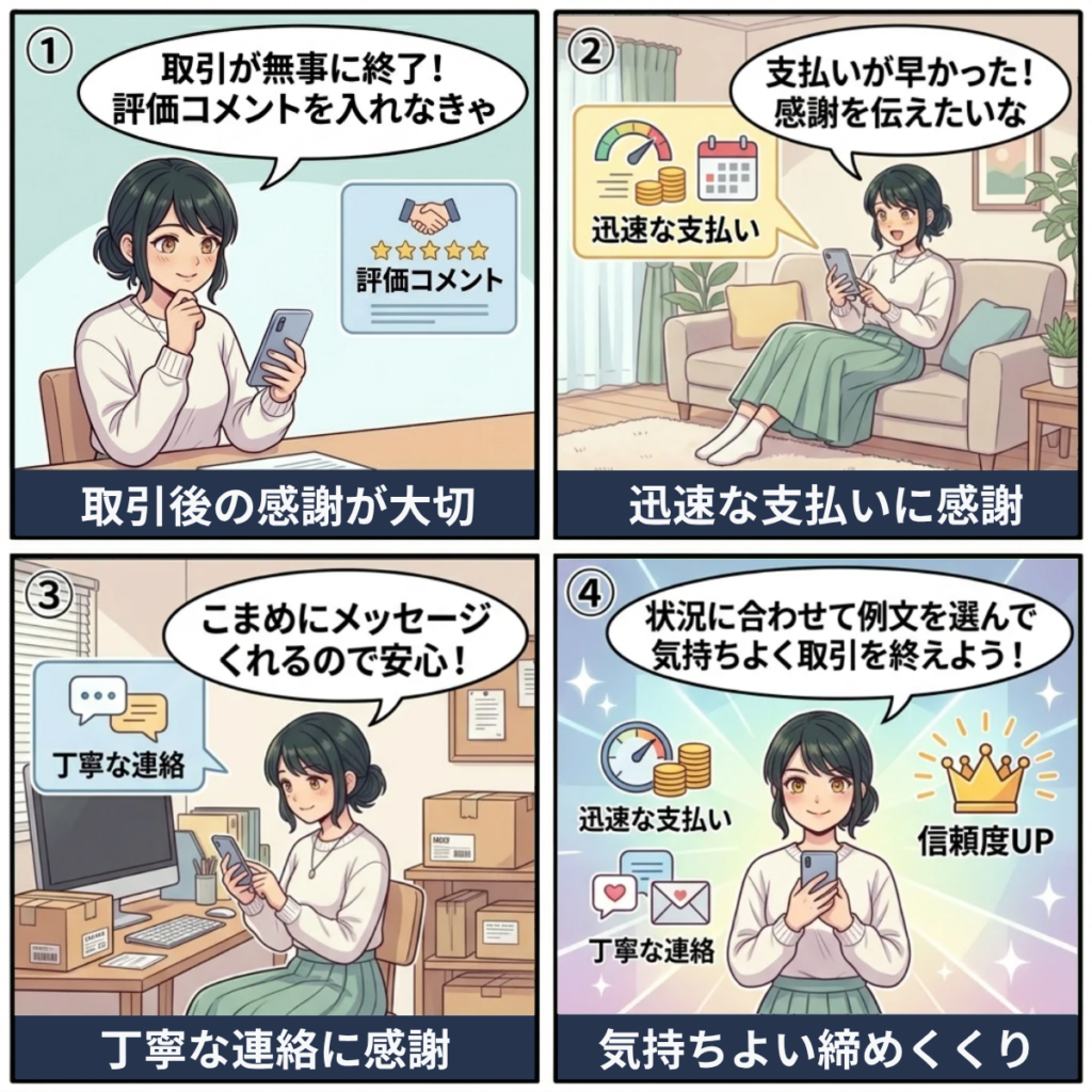 出品者が購入者へ感謝・迅速支払い・丁寧連絡を評価するシーン