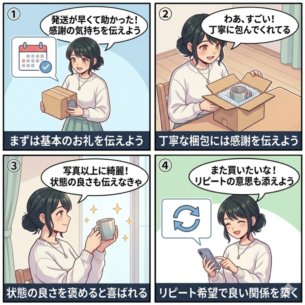 購入者がメルカリ受け取りコメントを書く場面別イラスト