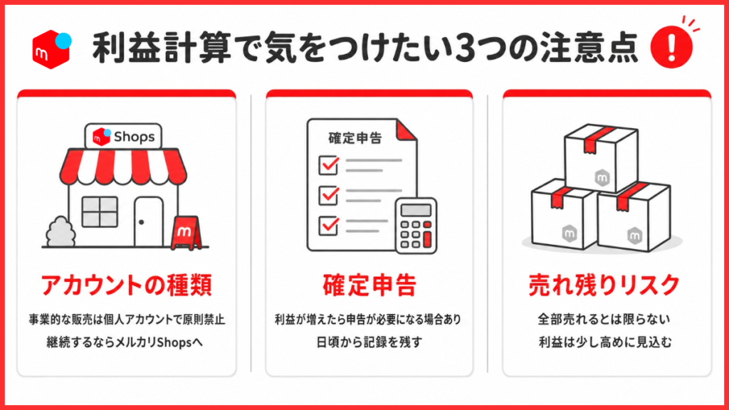 メルカリの利益計算で気をつけたい3つの注意点の図解