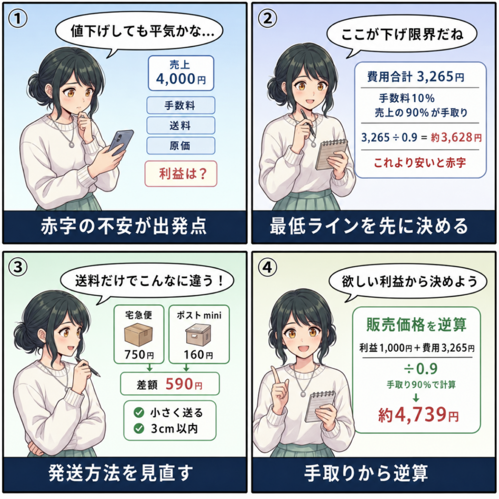 メルカリ利益計算で損益分岐や送料を比べる4コマ図解