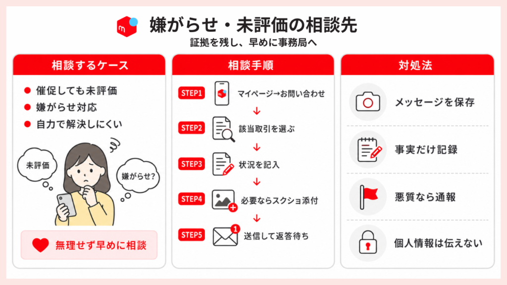 メルカリで嫌がらせや未評価を受けた時の相談先を解説した図解