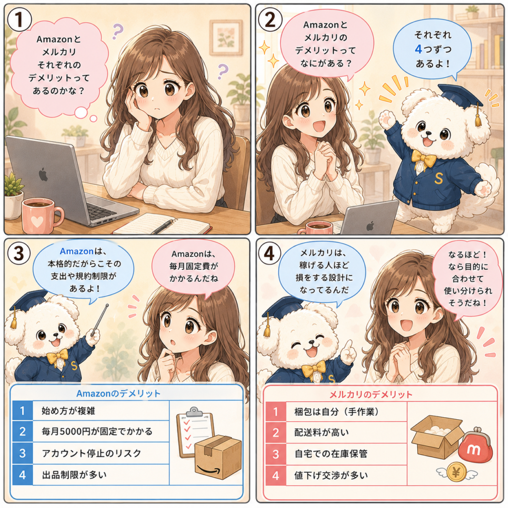 Amazonとメルカリのデメリット
Amazonのデメリット
・始め方が複雑
・毎月5000円が固定でかかる
・アカウント停止のリスク
・出品制限が多い
メルカリのデメリット
・梱包は自分(手作業)
・自宅での在庫保管
・配送料が高い
・値下げ交渉が多い