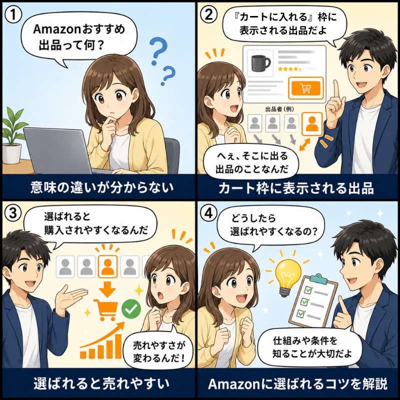 Amazonおすすめ出品の仕組みを学ぶ4コマ漫画