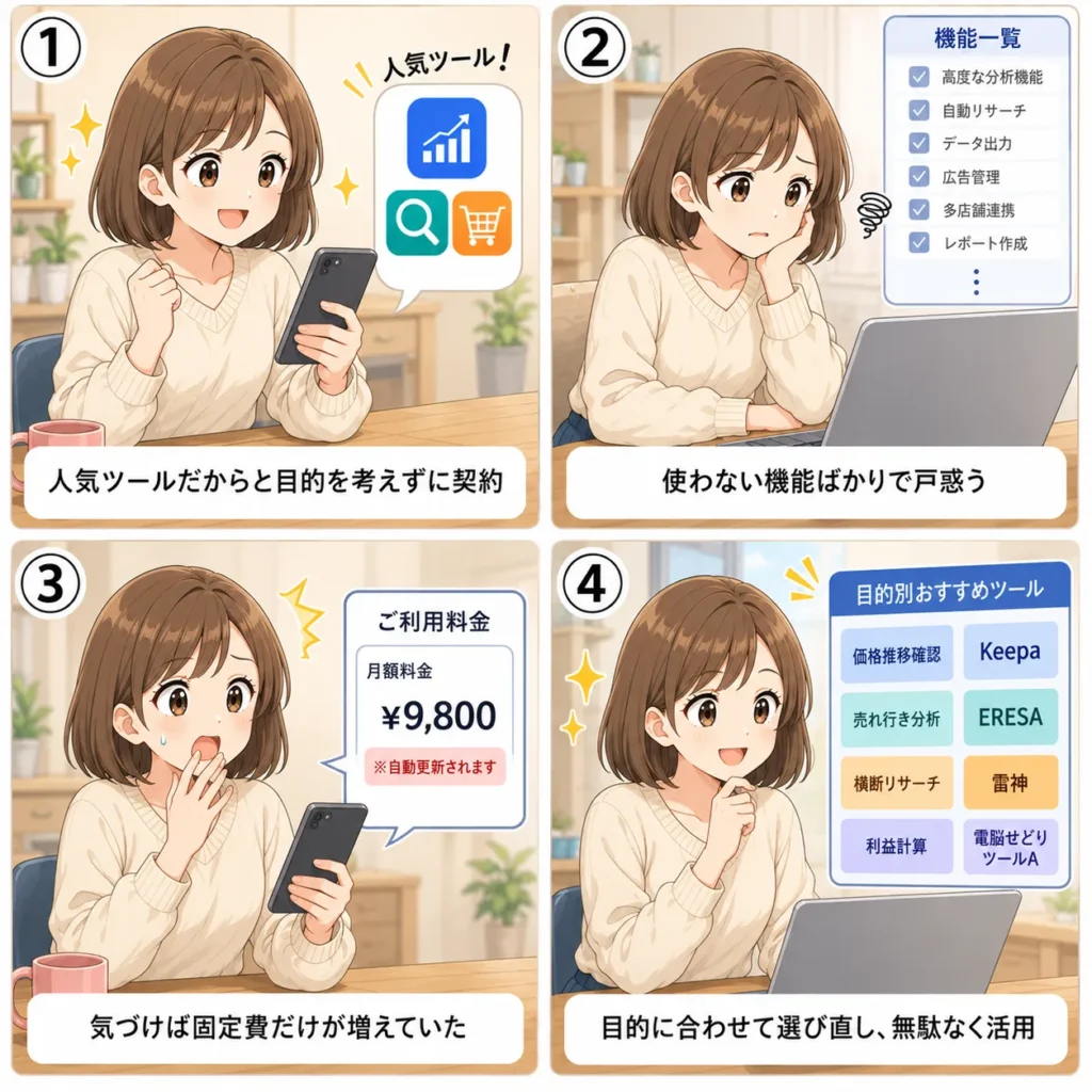 電脳せどりツールを選ぶ前に確認したいポイントを解説した4コマ漫画