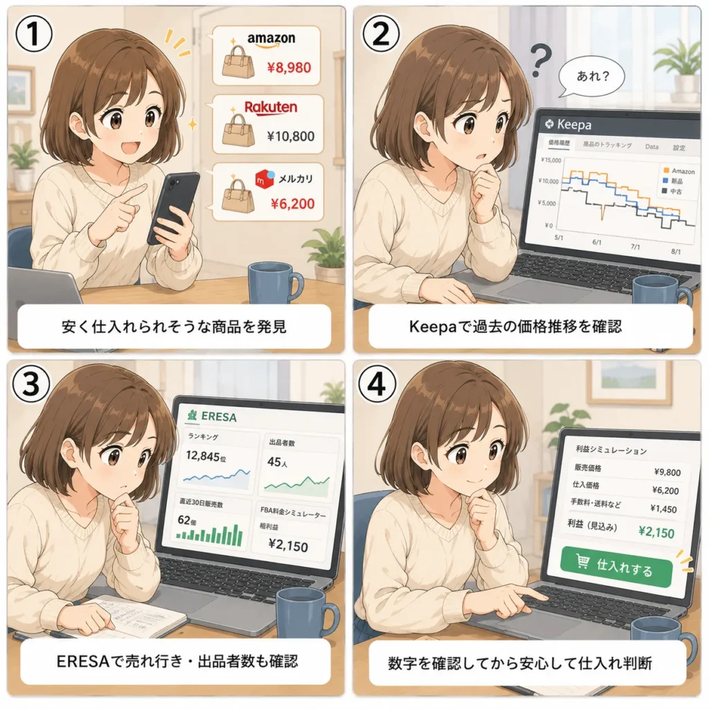 電脳せどり初心者におすすめツールKeepaとERESAの使い分けを解説した4コマ漫画