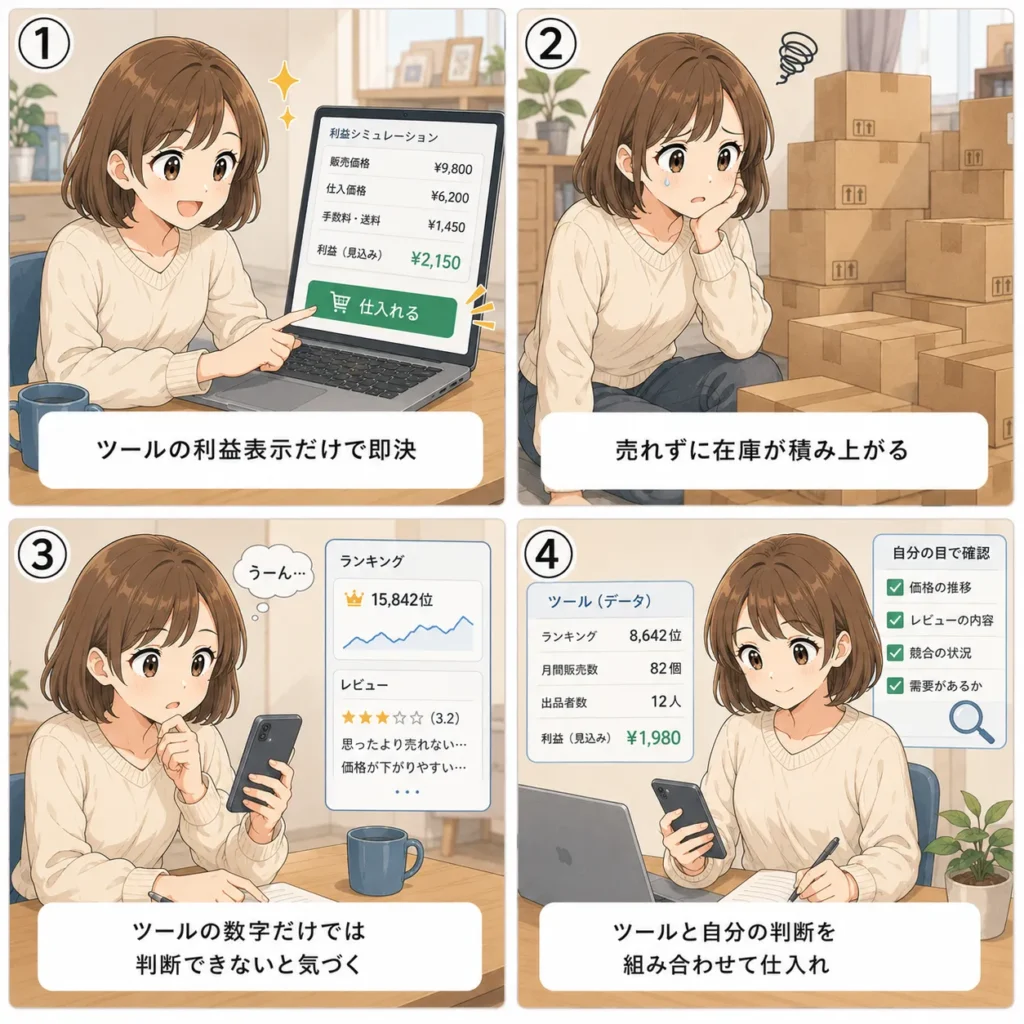 電脳せどりでよくある失敗と対策を解説した4コマ漫画
