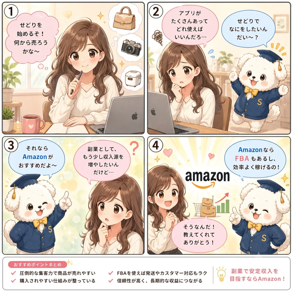 せどりするならAmazonとメルカリどっちが向いてる?
結論はAmazonがおすすめ(4コマ漫画)