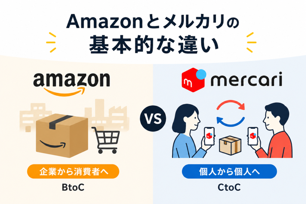 AmazonのBtoC型とメルカリのCtoC型の仕組み比較図