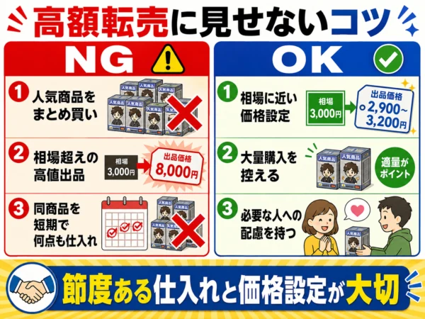 高額転売に見せないために、人気商品のまとめ買いや相場を超える価格設定を避け、適正価格と必要な人への配慮を促す図解