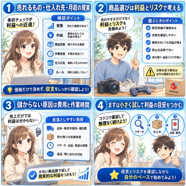 メルカリせどりの商品選びや仕入れ先、月収を考える際に、需要・利益・商品状態・作業負担・規約を確認し、小さく始める方法を説明した図解