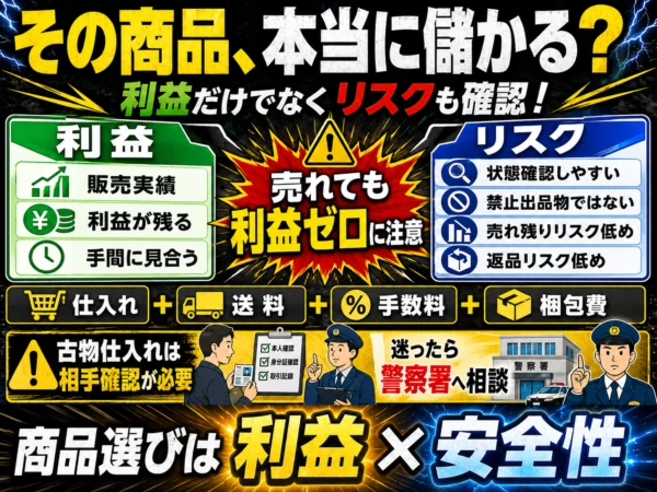 メルカリせどりの商品選びで、仕入れ・送料・手数料・梱包費を差し引いた利益と、売れ残り・返品・規約違反などのリスクを確認するポイントをまとめた図解