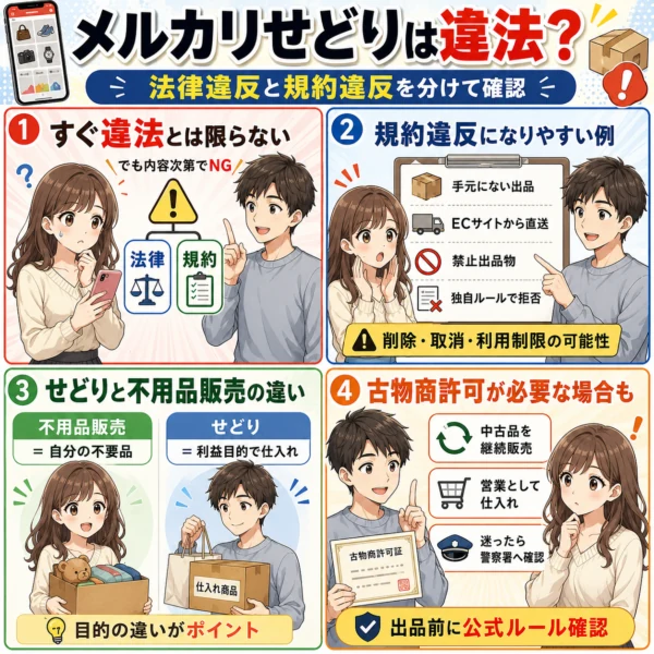 メルカリせどりの違法性や規約違反、不用品販売との違い、古物商許可が必要になるケースを4項目で説明した図解