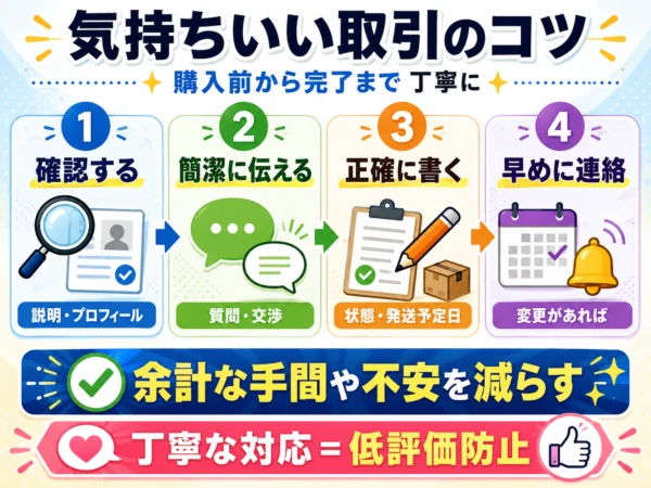 メルカリで気持ちよく取引するために、商品情報の確認、簡潔な質問、状態や発送予定の正確な記載、変更時の早めの連絡を促す図解