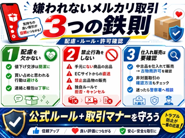 嫌われないメルカリ取引のポイントとして、相手への配慮、禁止行為の回避、仕入れ販売時の古物商許可確認をまとめた図解