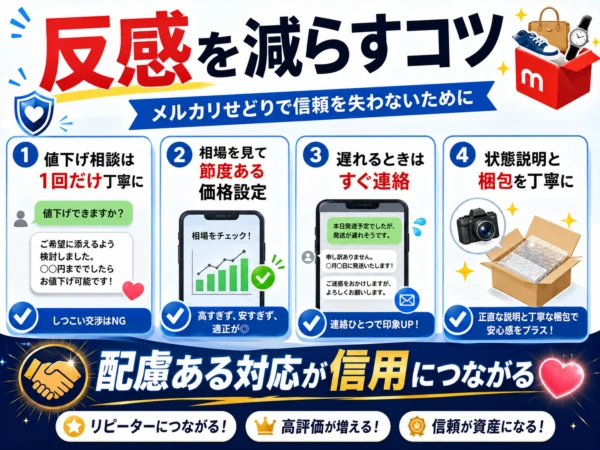 メルカリせどりへの反感を減らすために、丁寧な値下げ交渉、相場に合う価格設定、遅延時の連絡、正確な商品説明と梱包を勧める図解