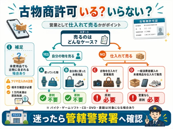 自分の不用品を売る場合と、古物を仕入れて販売する場合に分けて、古物商許可が必要かどうかを説明したフローチャート