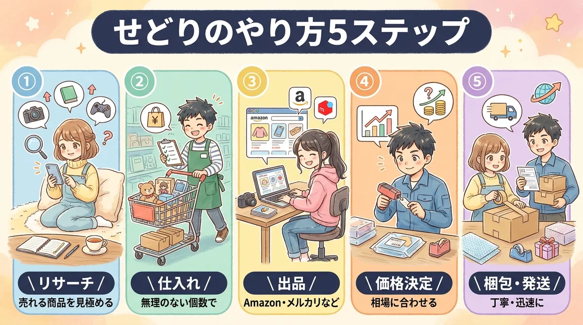 せどりのやり方5ステップをキャラクターで解説した図解