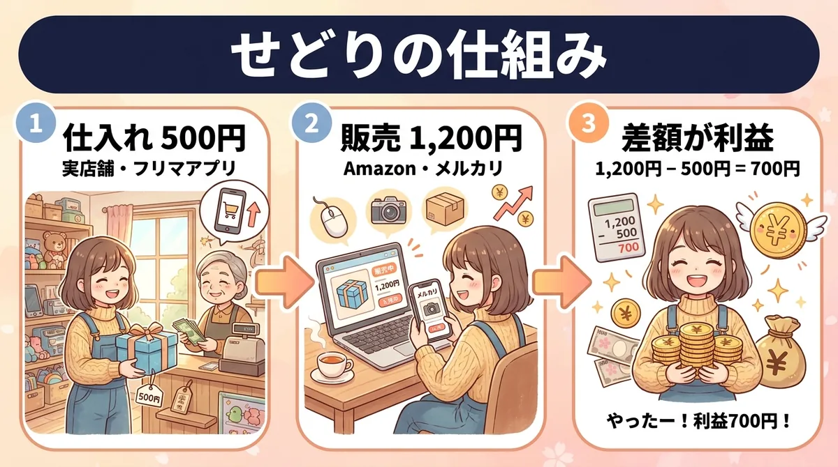 せどりは安く仕入れて適正価格で売り差額を利益にする仕組みを表した図解
