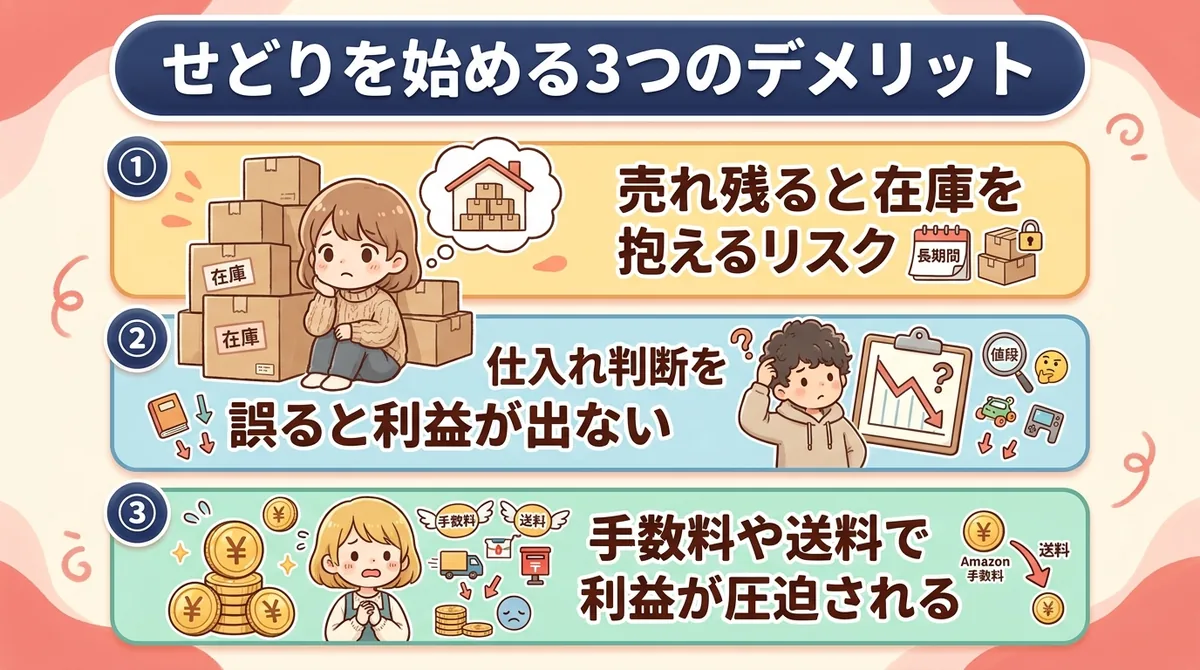 せどりを始める3つのデメリットをキャラクターで解説した図解