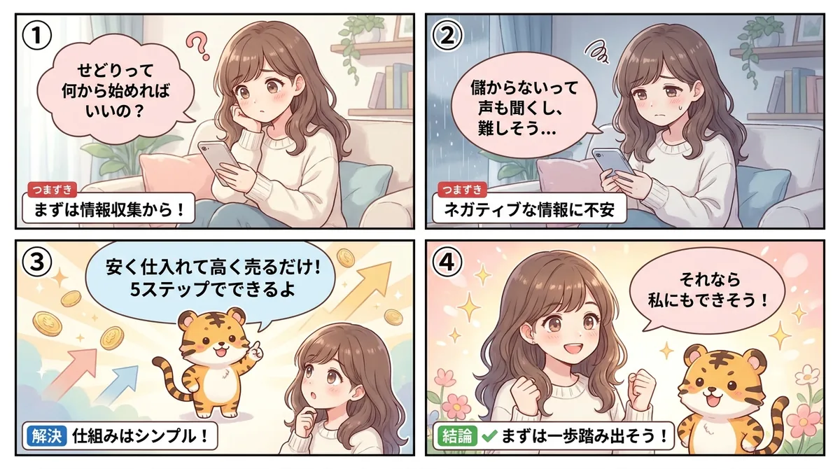 せどりの始め方が分からず悩む人が仕組みを理解して前向きになる様子を描いた4コマ漫画