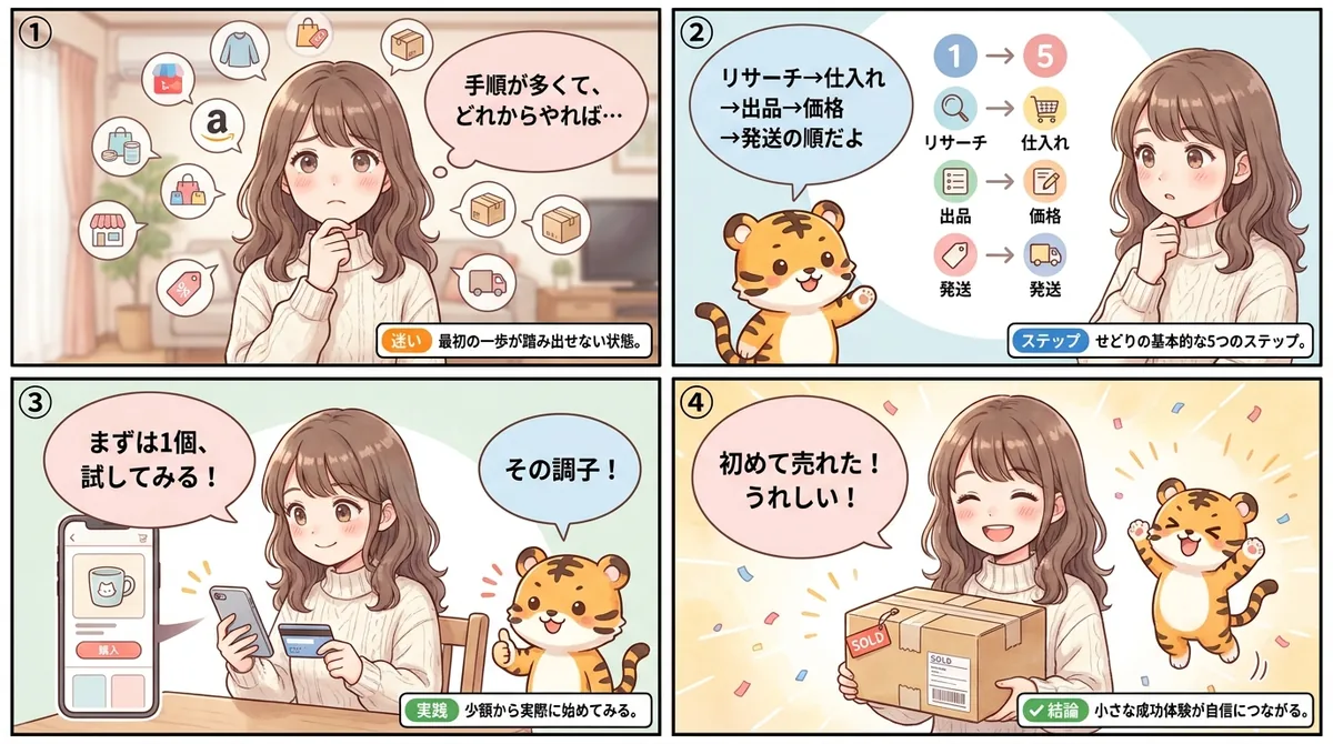 5ステップを実践して初めて商品が売れるまでを描いた4コマ漫画