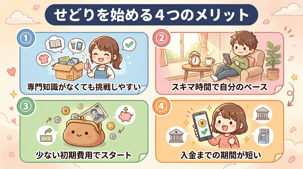 せどりを始める4つのメリットをキャラクターで解説した図解