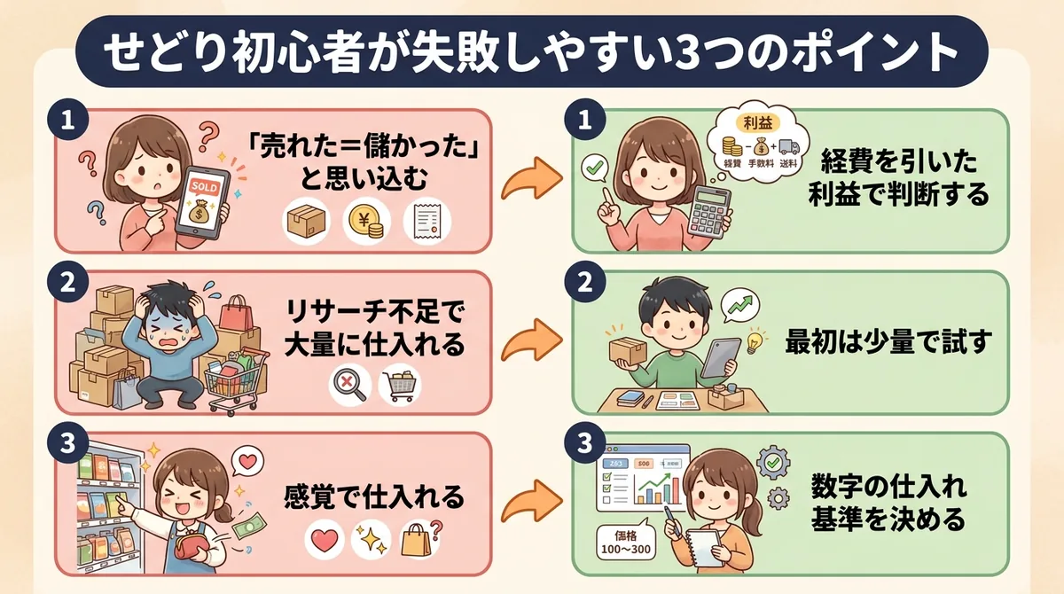 せどり初心者が失敗しやすい3つのポイントと対策をキャラクターで解説した図解