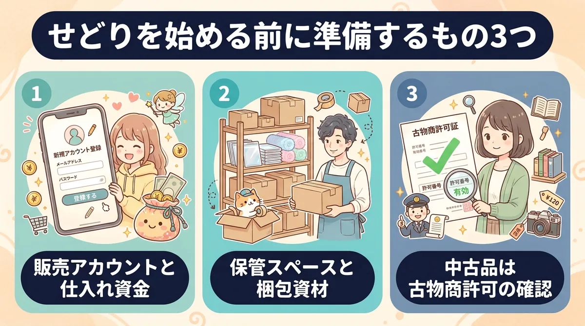せどりを始める前に準備するもの3つをキャラクターで解説した図解