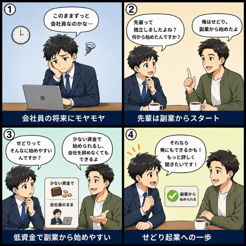 会社員がせどり起業を知り興味を持つ4コマ漫画