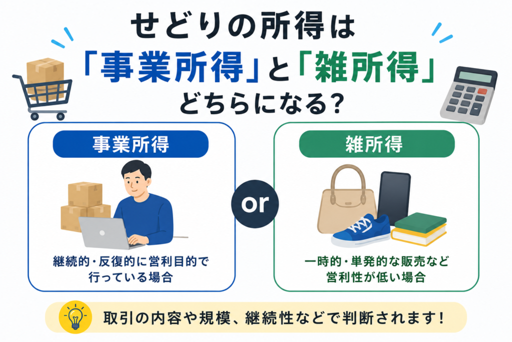 せどりの所得区分(事業所得・雑所得)の判定ポイントを示す図解