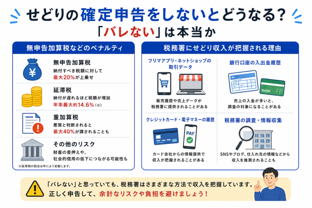 せどりの確定申告を怠った場合のペナルティ・リスクを示す注意喚起の画像
