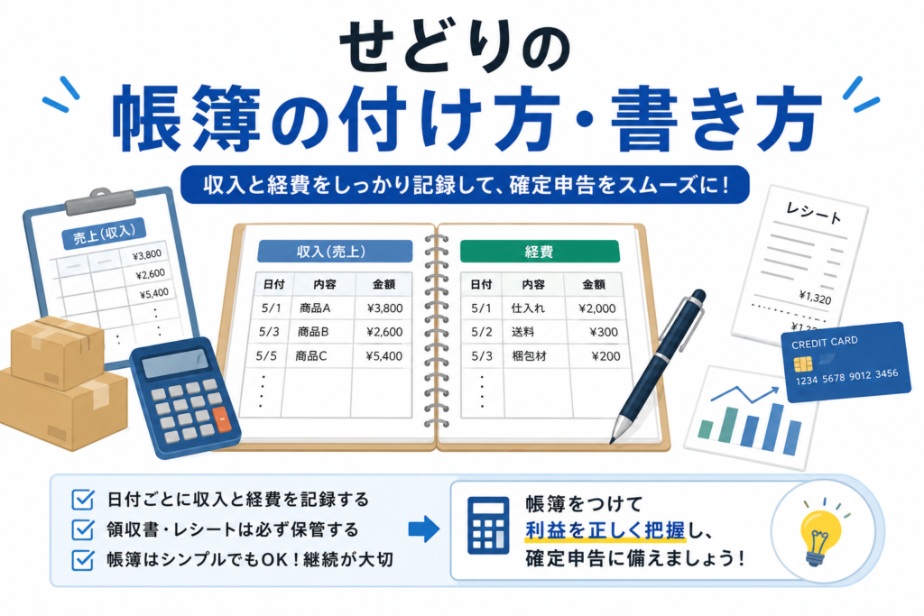 せどりの帳簿の付け方・書き方をイメージした記帳・電卓の画像