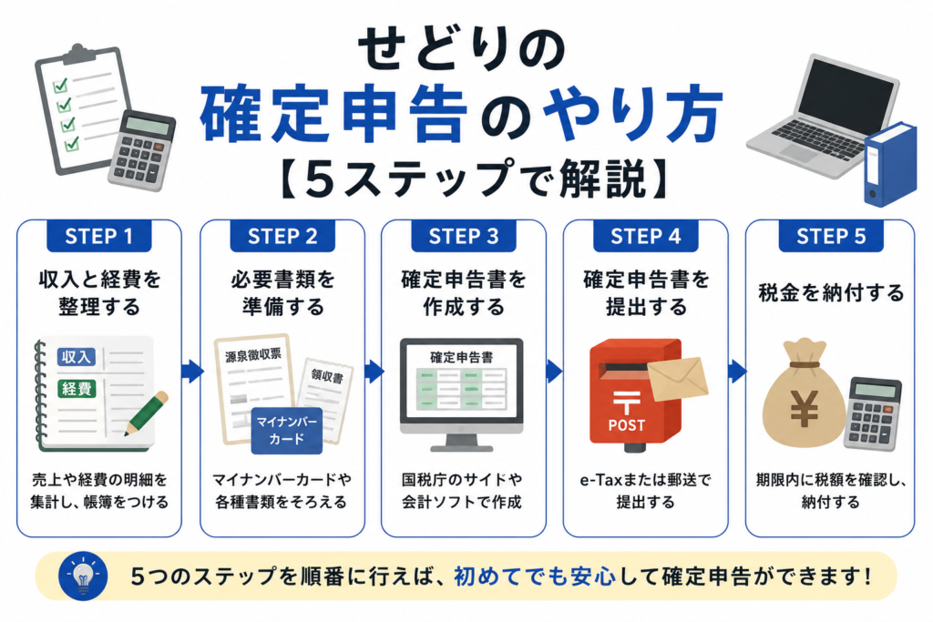 せどりの確定申告のやり方を5ステップで表したフロー図