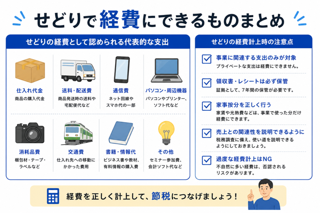 せどりで経費にできる項目(仕入れ・送料・手数料等)をまとめた画像