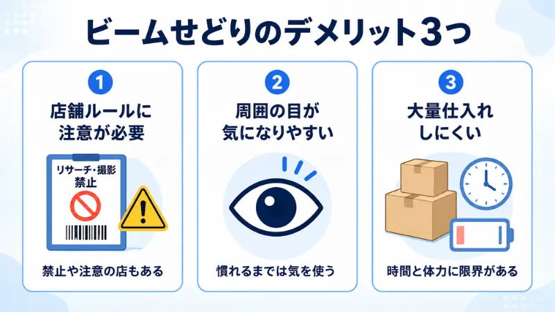 ビームせどりのデメリット3つ（店舗ルール・周囲の目・大量仕入れの注意点）の図解
